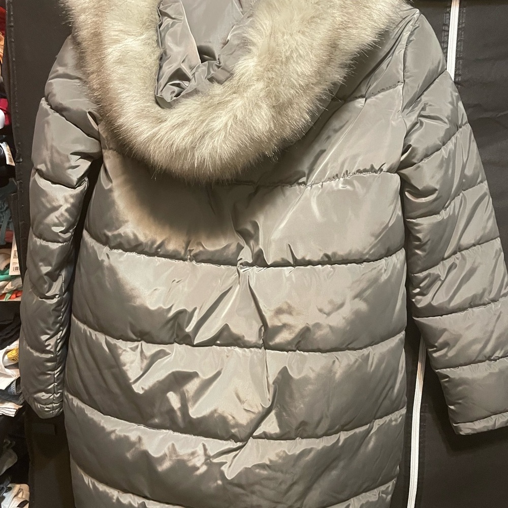 Dkny Gray Puffer Jacket with Faux Fur Trim